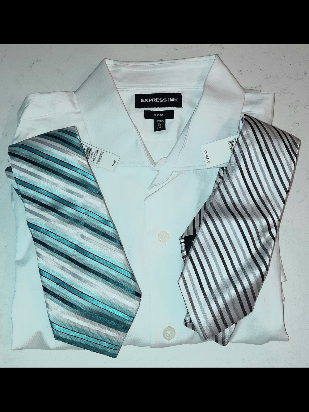 Express Mens Classic White Dress Shirt & 2 NWT Striped Ties EUC